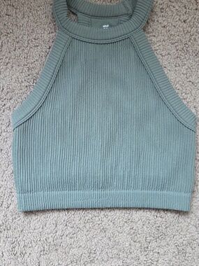 Aerie Superchill Ribbed High Neck Bra Crop Top Green Olive Sage